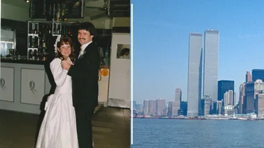 A wedding photo of a man and woman next to an image of the New York twin towers