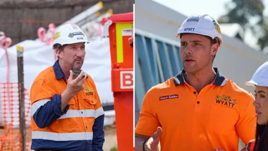 Left: Wyatt on site of The Block on the phone. Right: Wyatt on site.