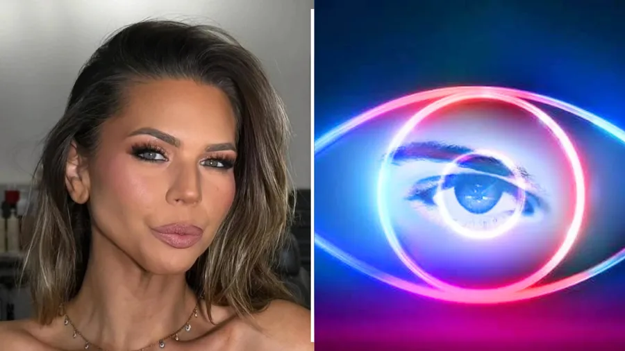 Bec Zacharia pouting in glam on the left. The right is the Big Brother logo.