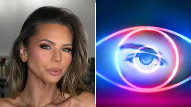 Bec Zacharia pouting in glam on the left. The right is the Big Brother logo.