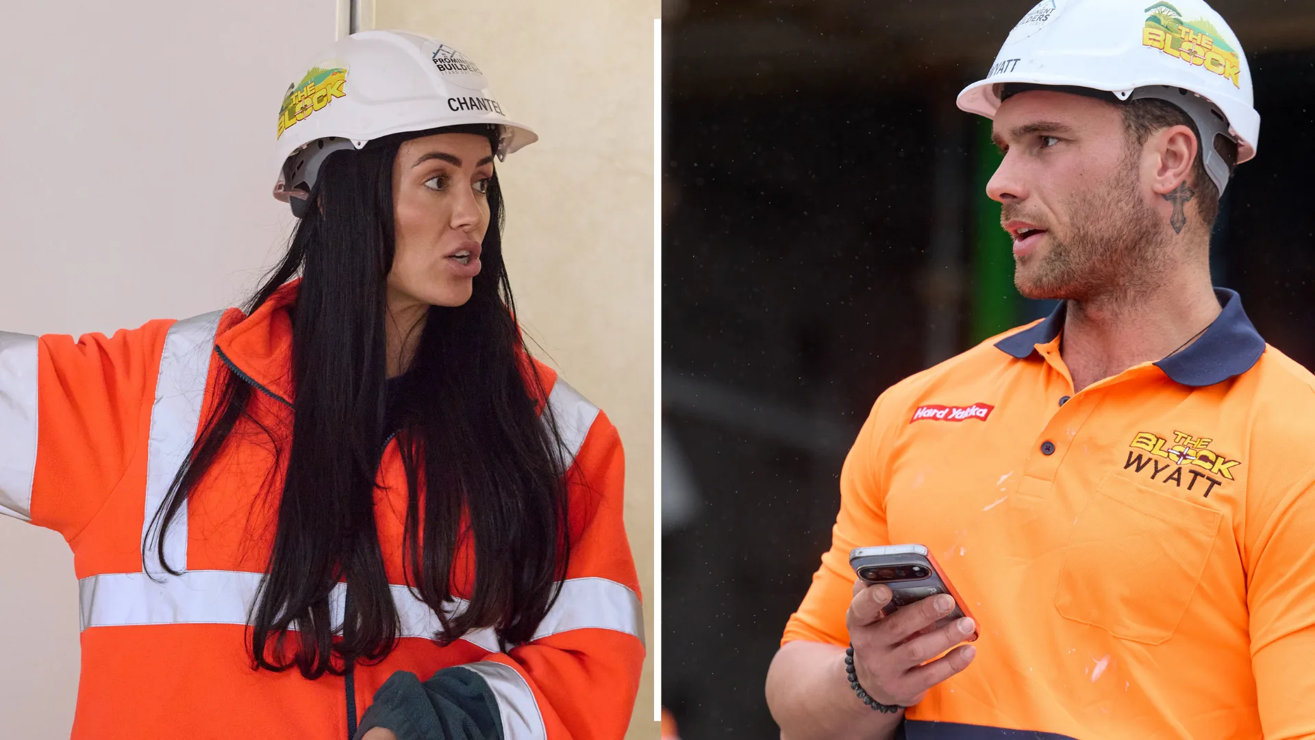 Chantel and Wyatt on site in hard hats of The Block 2026.
