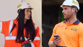 Chantel and Wyatt on site in hard hats of The Block 2026.