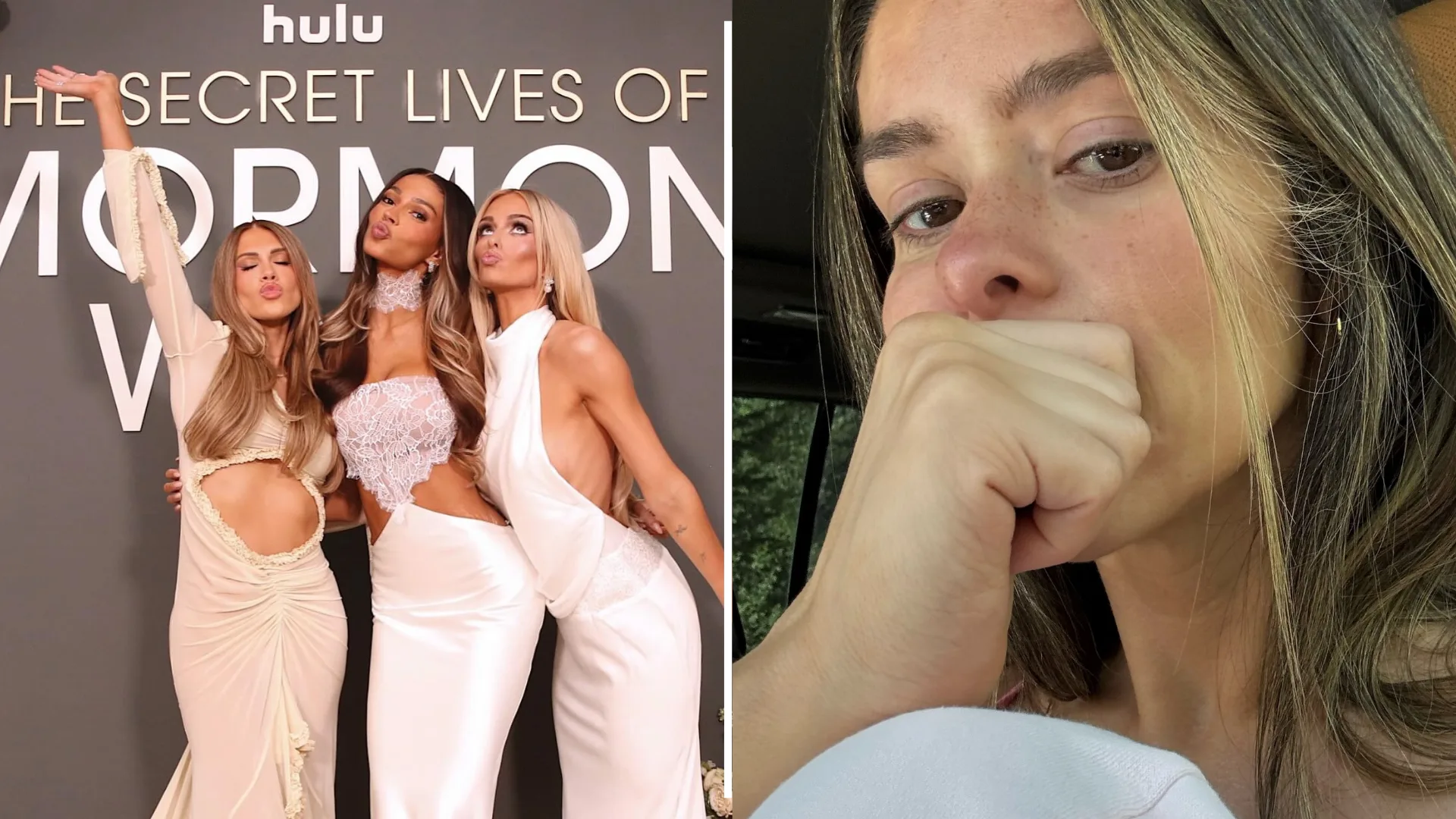 Left: Jessi, Layla and Miranda at a launch event for The Secret Lives of Morman Wives. Right: A selfie of Taylor Frankie Paul crying.