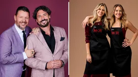 Left image: Manu Feildel and Colin Fassnidge suited up smiling for the camera. Right: new MKR team Alisha and Deanne.