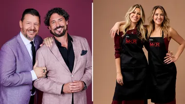 Left image: Manu Feildel and Colin Fassnidge suited up smiling for the camera. Right: new MKR team Alisha and Deanne.