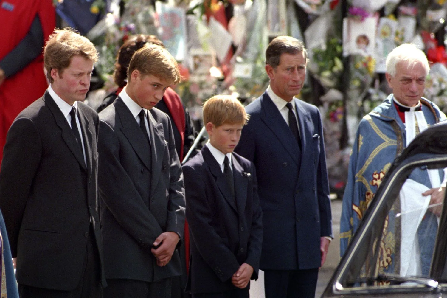 Earl Spencer, Prince William, Prince Harry and King Charles at Diana's funeral