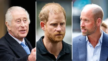 King Charles, Prince Harry and Prince William looking frustrated with each other.