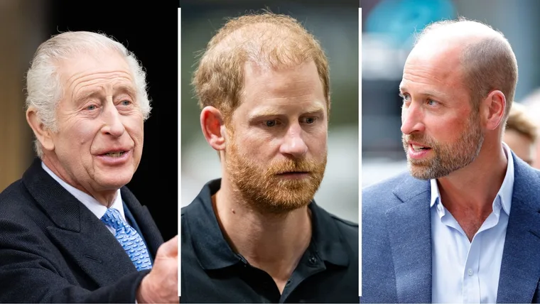 King Charles, Prince Harry and Prince William looking frustrated with each other.