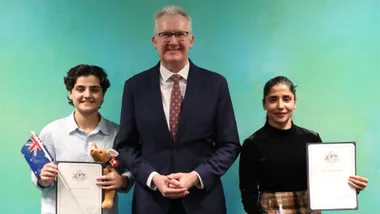 FORMER IRANIAN SOCCER PLAYERS FATEMEH PASANDIDEH AND Atefeh Ramezanizadeh WITH HOME AFFAIRS MINISTER TONY BURKE.