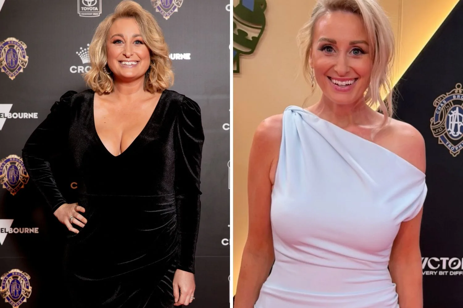 Jane Bunn pictured at the Brownlow Medal in 2023, left, and on the red carpet in 2026, right