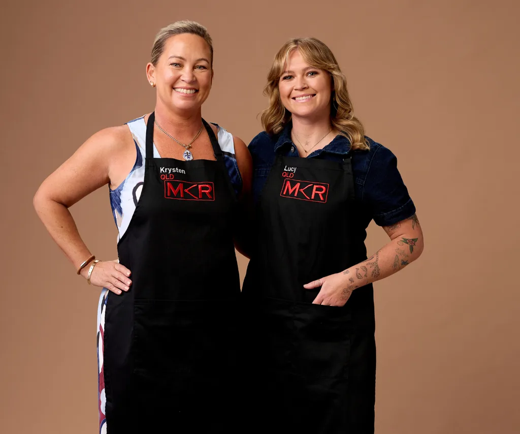 Krysten and Lucy in their My Kitchen Rules aprons.