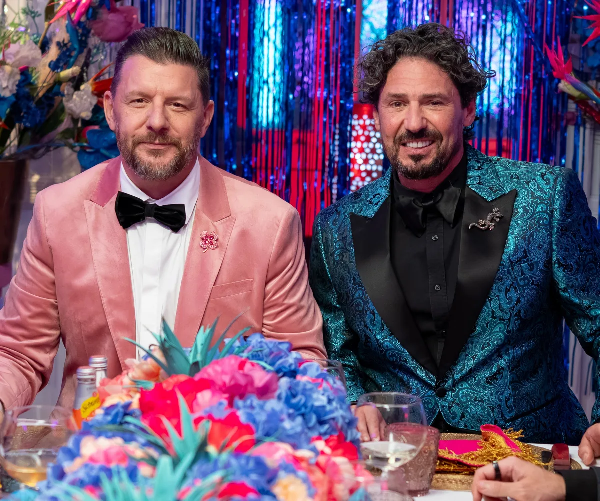 Manu Feildel and Colin Fassnidge at the My Kitchen Rules dining table.