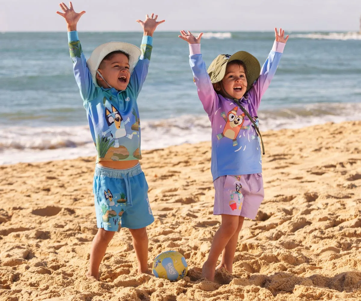 BCF x Bluey kids rash shirts and board shorts