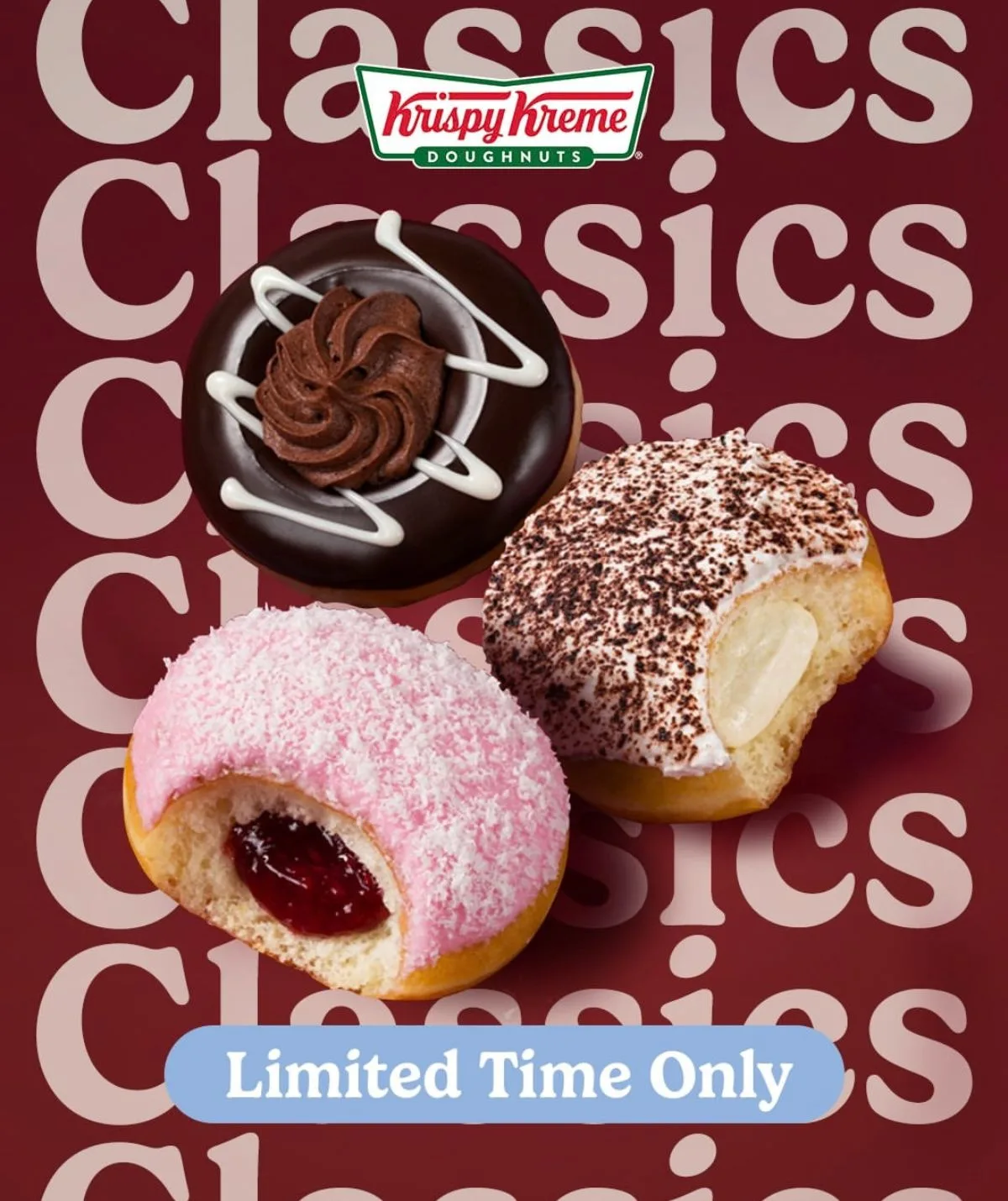 Krispy Kreme Classic Desserts Collection featuring Raspberry Lamington, Chocolate Mud Cake and Tiramisu doughnuts