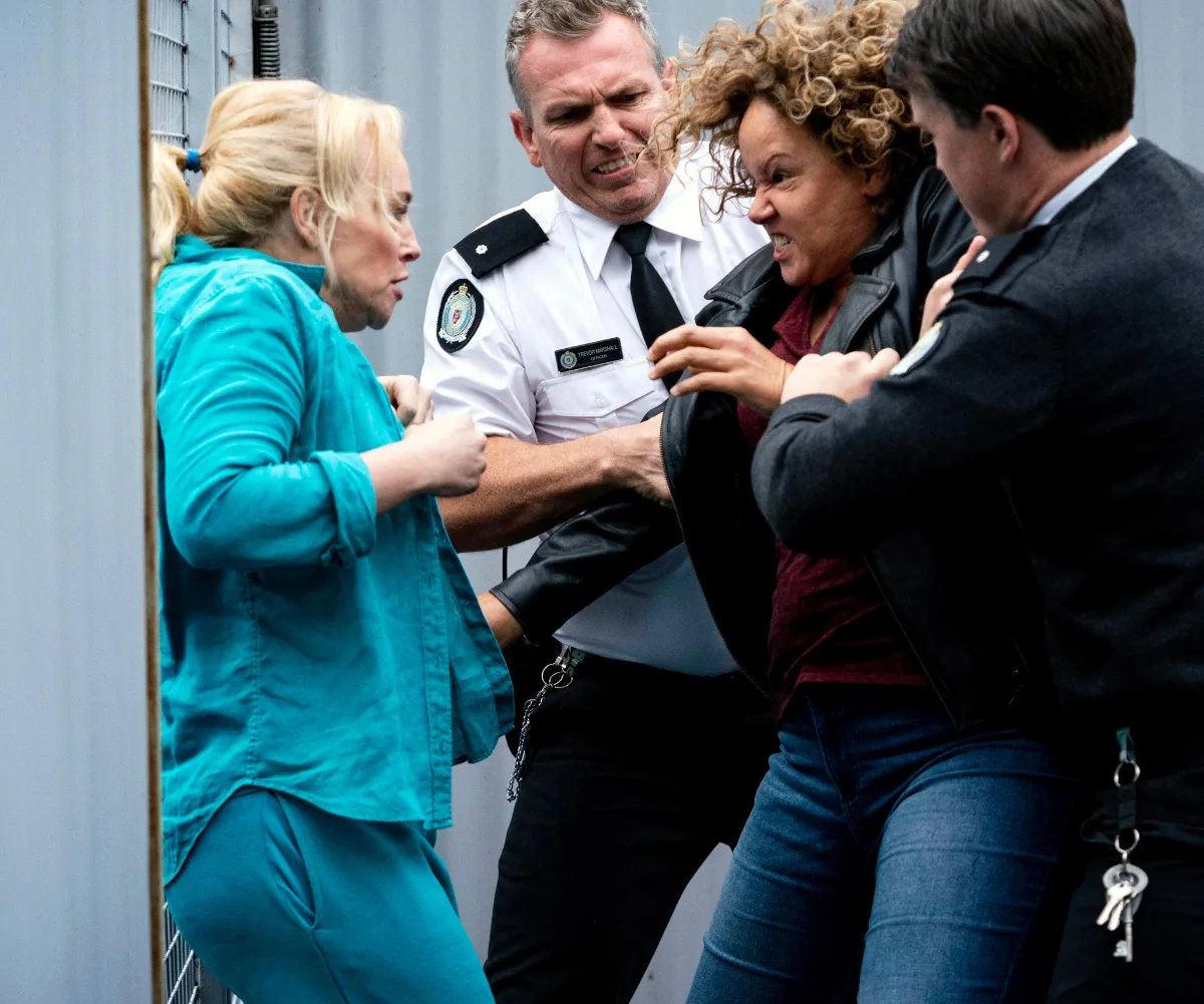 Leah, as Rita, fights Susie Porter's character on the set of Wentworth