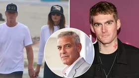 Cindy Crawford, Rande Gerber, Presley Gerber, with inset of George Clooney