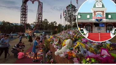 An image of Dreamworld after the tragedy, showing the flowers left.
