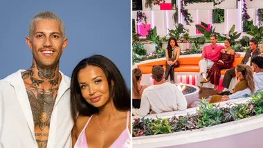 Kale and Tyra from Love Island in left image. Photo of the Islanders of 2026 at the fire pit in the right image.