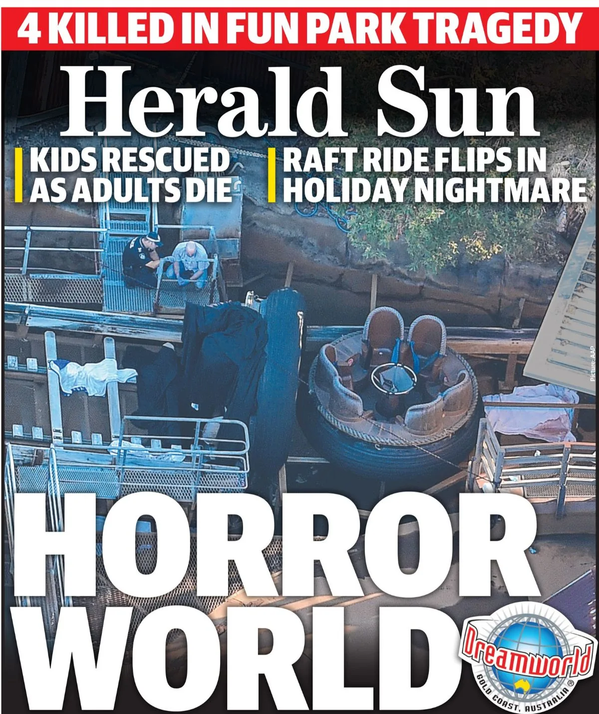 A newspaper cover at the time of the Dreamworld accident