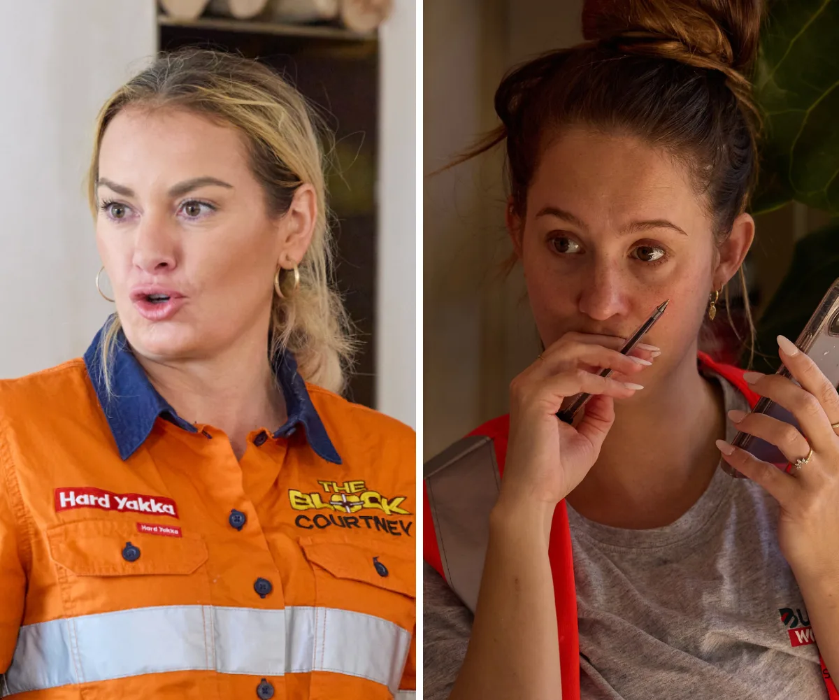 The Block's Courtney talking in a split images with The Block's Lisa on the phone