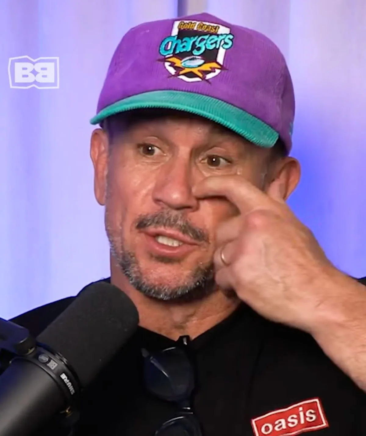 Matty J wearing purple hat on podcast