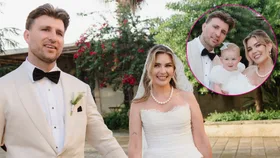 Jai Arrow with his wife and daughter at their wedding