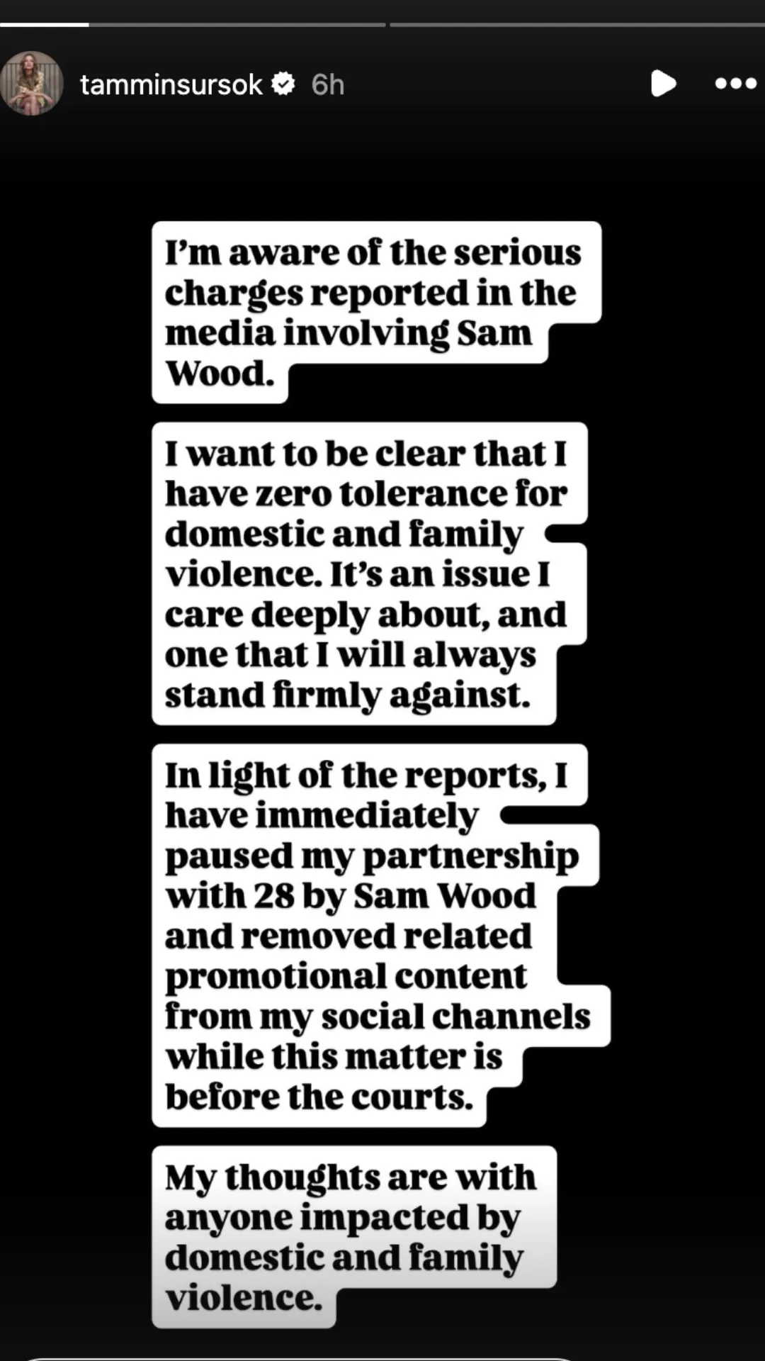 Tammin Sursok's Instagram Story statement on Sam Wood