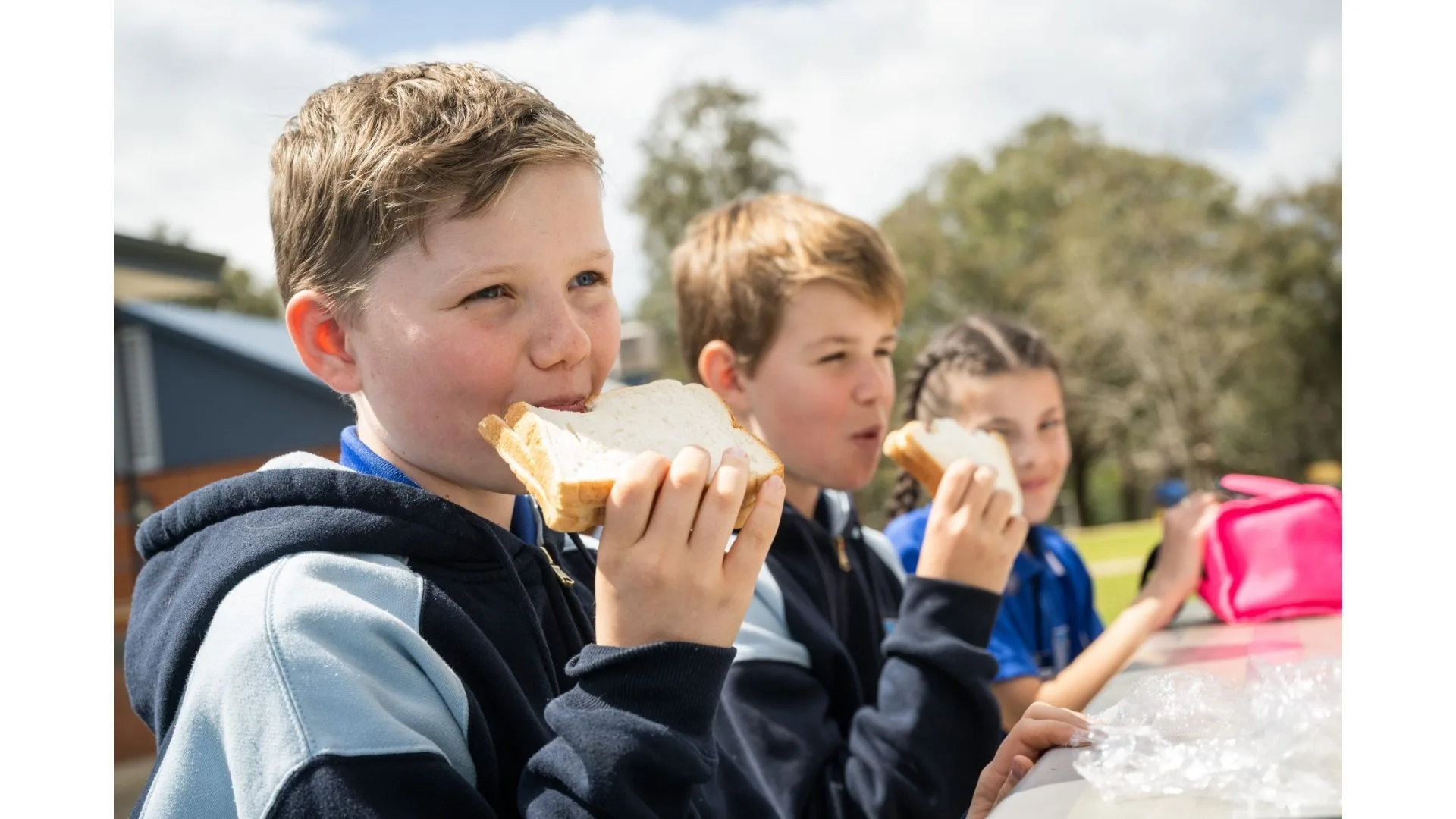 Children enjoy sandwiches at school.