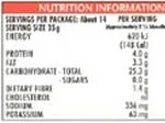 "Nutrition label showing energy, protein, fat, carbohydrate, dietary fiber, cholesterol, sodium, and potassium per serving."