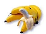 A bunch of ripe bananas with one partially peeled, displayed on a white background.