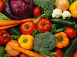 A variety of fresh vegetables, including tomatoes, broccoli, carrots, and peppers, arranged closely together.