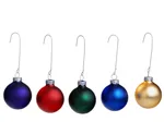 Five Christmas baubles in blue, red, green, dark blue, and gold, each hanging with a metal hook.