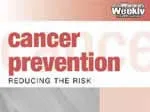 Cancer prevention poster with the text "Reducing the Risk" and "Weekly," featuring a pink and white color scheme.
