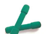 A pair of small green foam-covered hand weights on a white background.