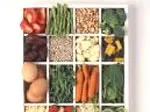 Assorted healthy foods in a grid, including tomatoes, green beans, nuts, broccoli, and carrots, for a low-kilojoule diet.