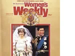 Prince Charles and Lady Diana's wedding photo on a magazine cover titled "Women's Weekly".