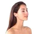 A woman with long dark hair, eyes closed, appearing calm and relaxed, on a plain white background.
