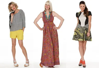 Three women wearing various print outfits: striped top with yellow shorts, floral maxi dress, and geometric print skirt.