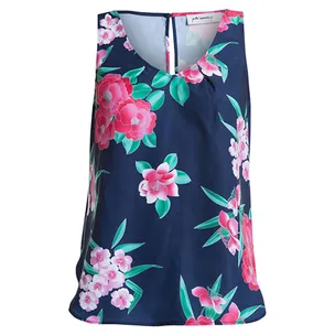 Floral-patterned sleeveless top in navy blue, featuring pink and green flowers, designed by John Partridge.