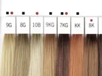 Samples of hair dye colors, labeled 9G, 8G, 10B, 9KG, 7KG, KK, 8K, in shades from blonde to brown.