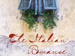 The Italian Romance book cover with blue shutters and greenery on a textured wall background.