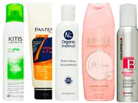 Five hair care products, including KMS Hair Play, Pantene, NA Shampoo, Kerastase, and Goldwell, arranged side by side.