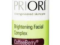 Priori Brightening Facial Complex with CoffeeBerry label on a green and white bottle.