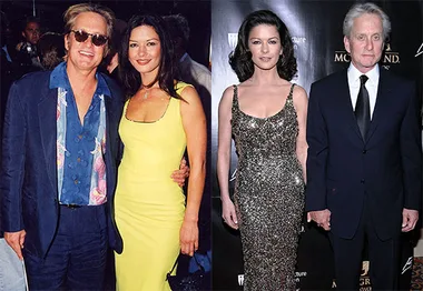 A couple poses together in two different photos; casual in one and formal in the other.