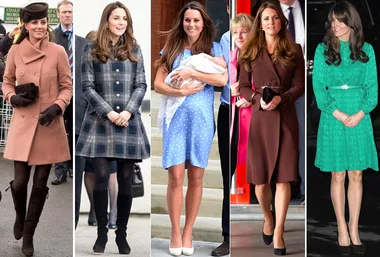 Kate Middleton in various stylish maternity outfits, including a pink coat, plaid dress, and holding a baby in blue polka dots.