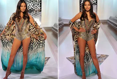 Jessica Gomes modeling a vibrant, patterned swimsuit and kimono on the David Jones runway.