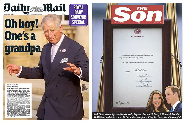 Royal baby headlines: Daily Mail features a smiling man with "Oh boy! One’s a grandpa", The Sun shows birth announcement.