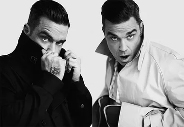 A man in stylish trench coats striking playful poses, showcasing a men's fashion line.