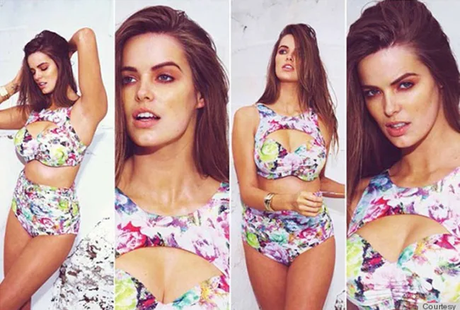 Model posing in floral swimsuit, multiple angles, on bright background.