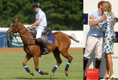 Polo player riding a horse during a match; another scene shows a man and woman embracing at a podium event.